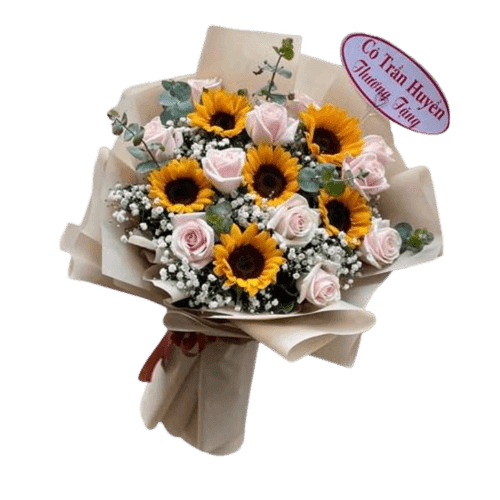 760-6603 bó hoa hướng dương mix hồng kem