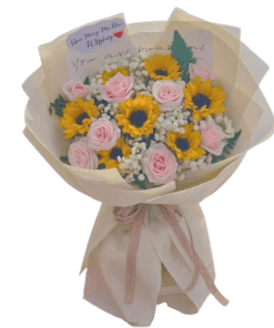 bó hoa hồng kem và hoa hướng dương